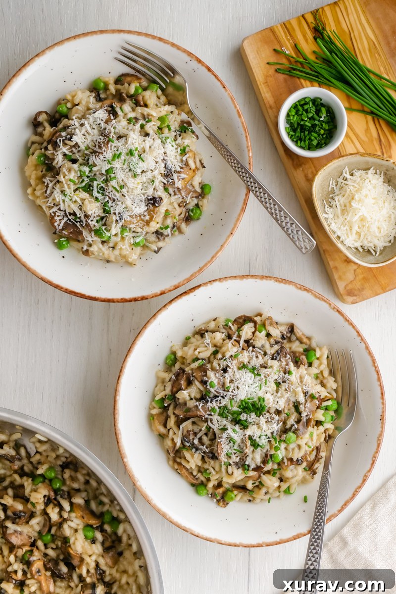 Multiple bowls of mushroom risotto on a table