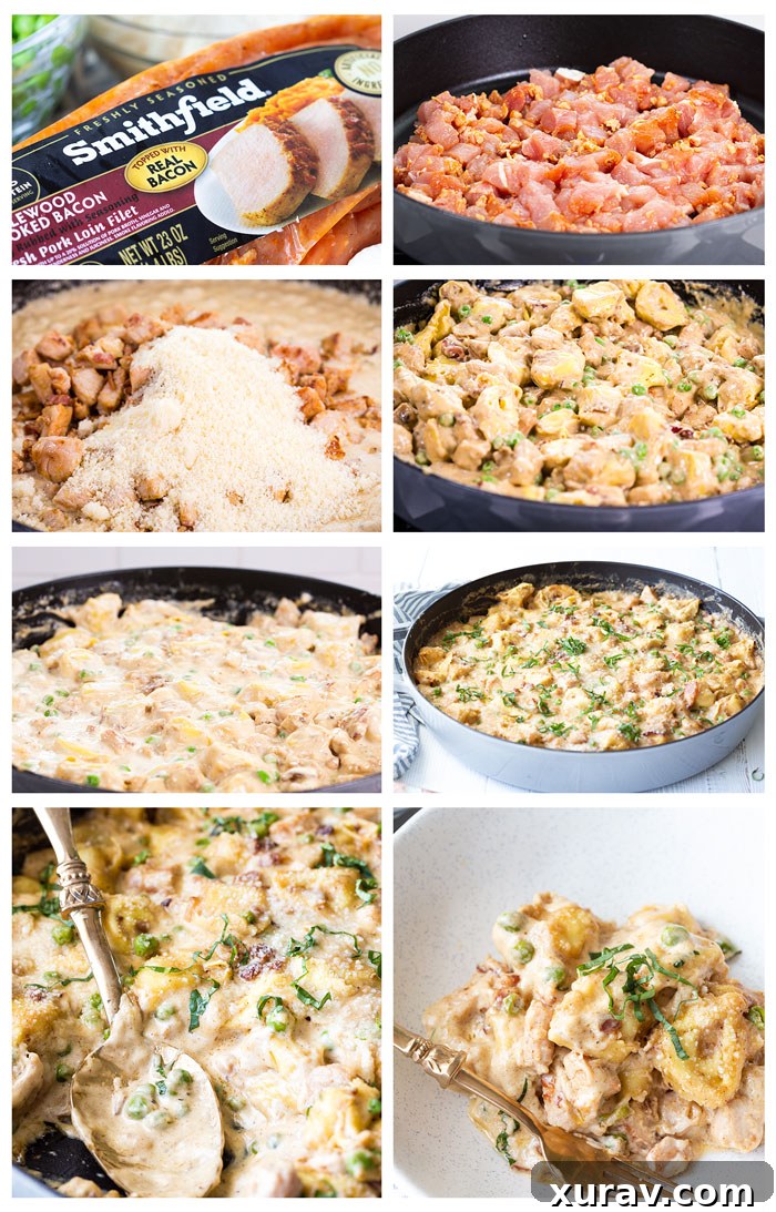 A skillet of baked tortellini studded with Smithfield Marinated Fresh Pork, bacon, peas, and a homemade cream sauce.
