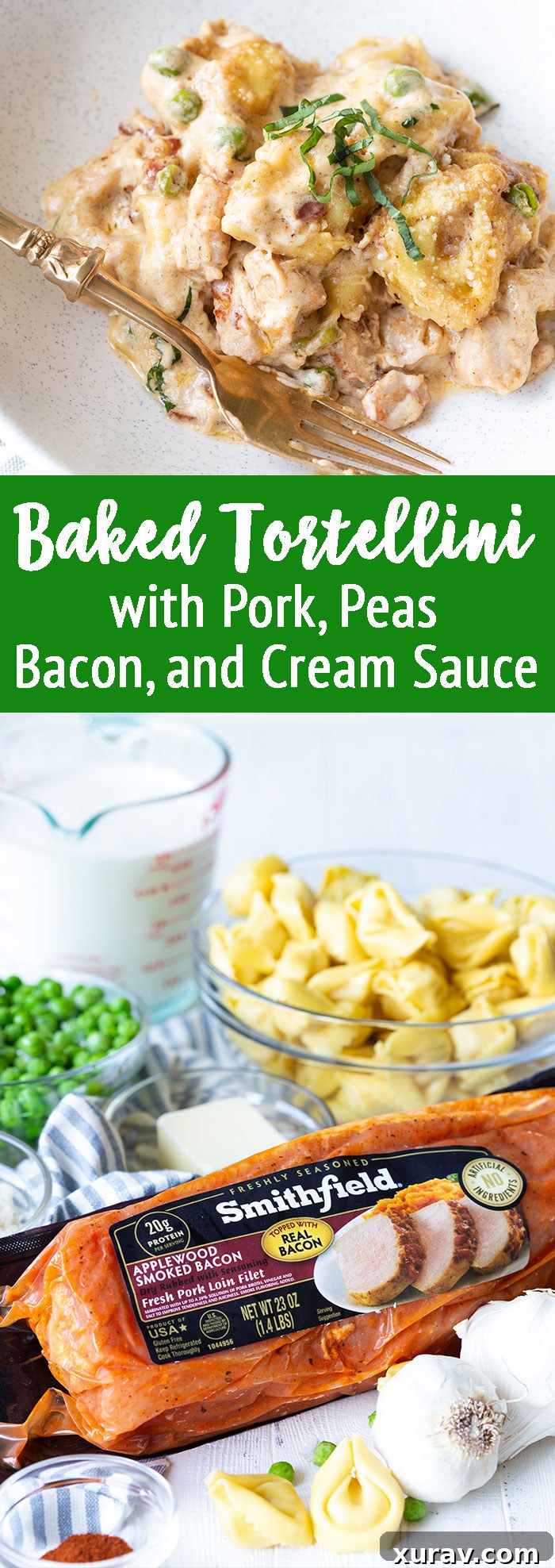 One Pot Meal: Baked tortellini with fresh marinated pork, peas, bacon, and a delicious homemade cream sauce. 