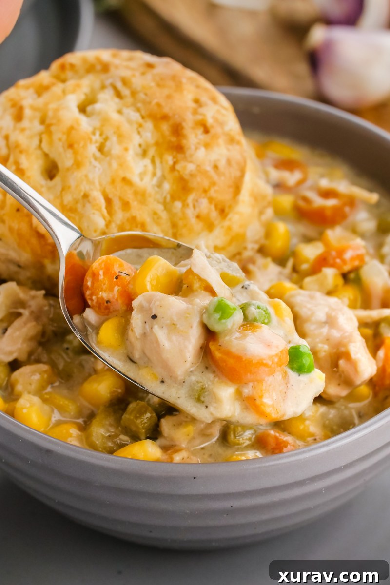 Creamy chicken pot pie filling in a slow cooker, topped with golden brown biscuits.