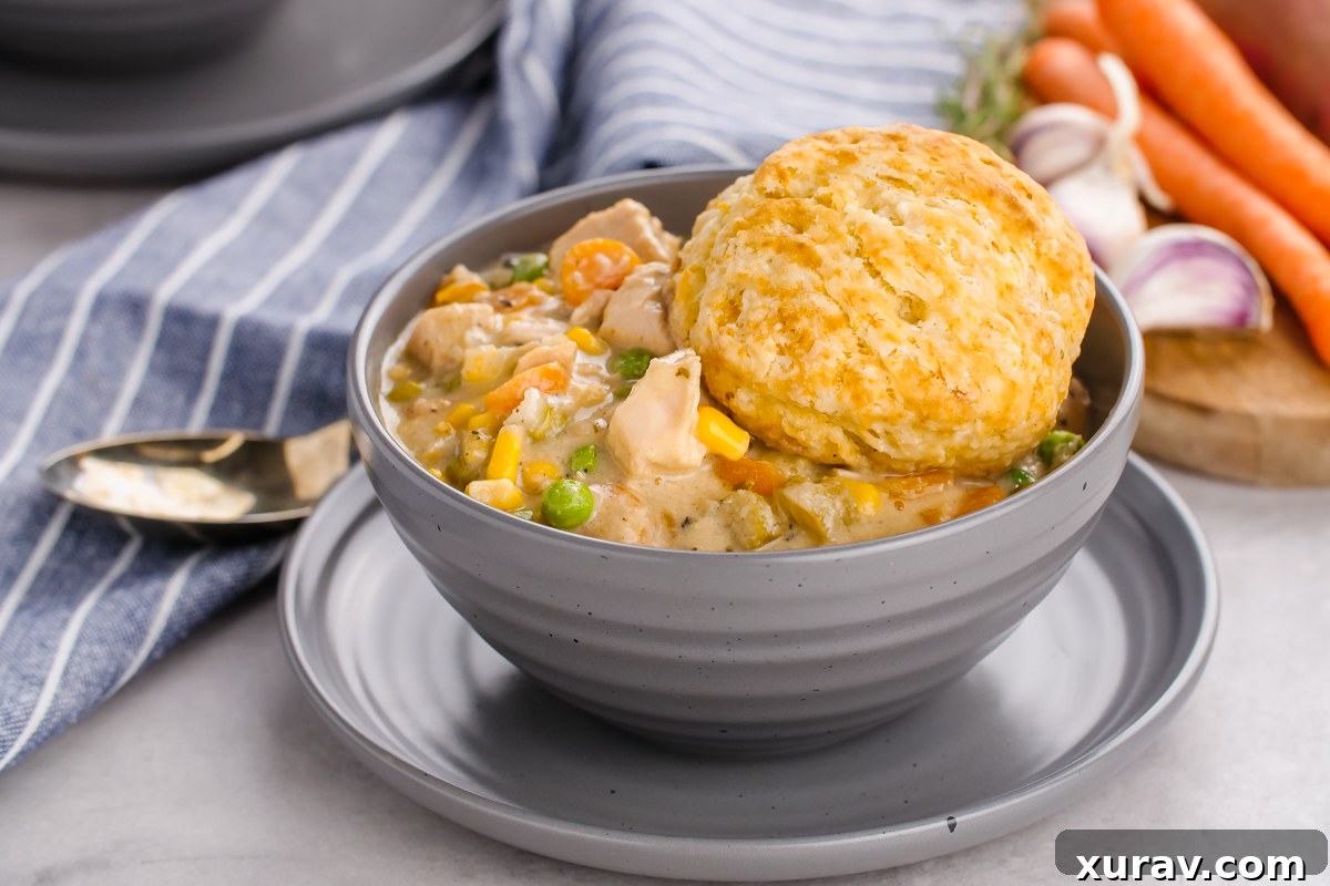 Close-up of golden brown biscuits on top of slow cooker chicken pot pie filling.
