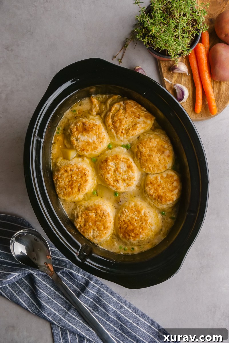 Cooked chicken pot pie in a slow cooker, ready to be served.