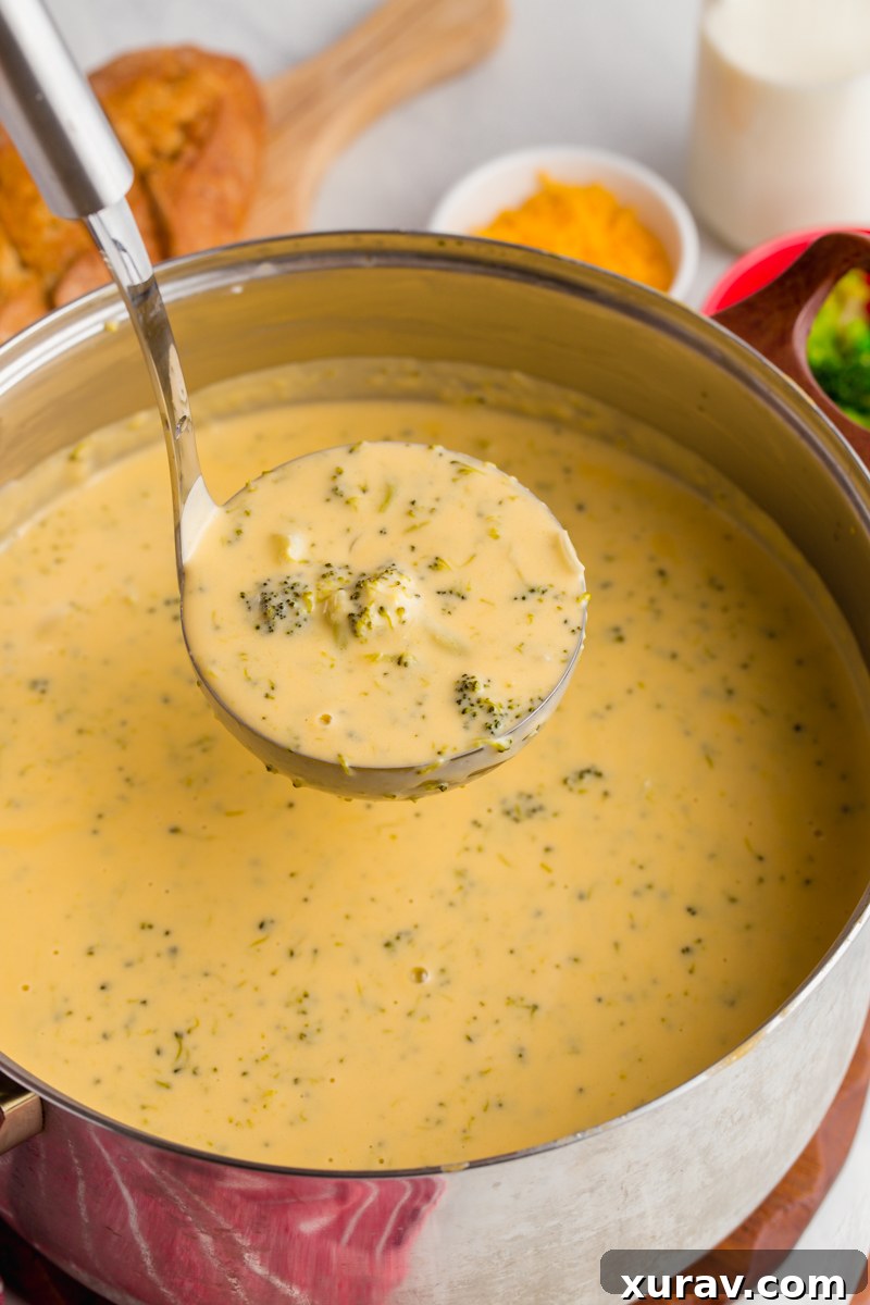 A close-up of a pot of creamy broccoli cheese soup, showing the rich, golden color and visible broccoli pieces, ready to be served.