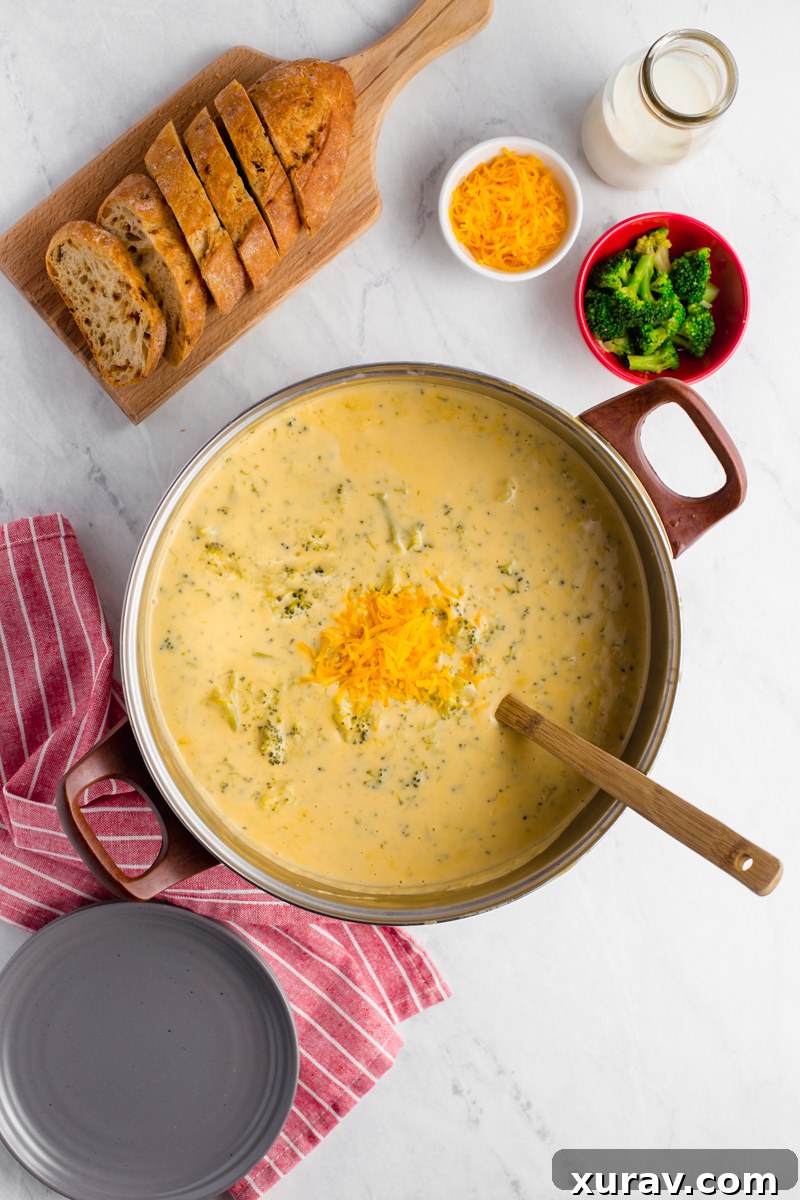 A close-up of a bowl of creamy broccoli cheese soup, showing the texture and bits of broccoli, ready to be enjoyed.
