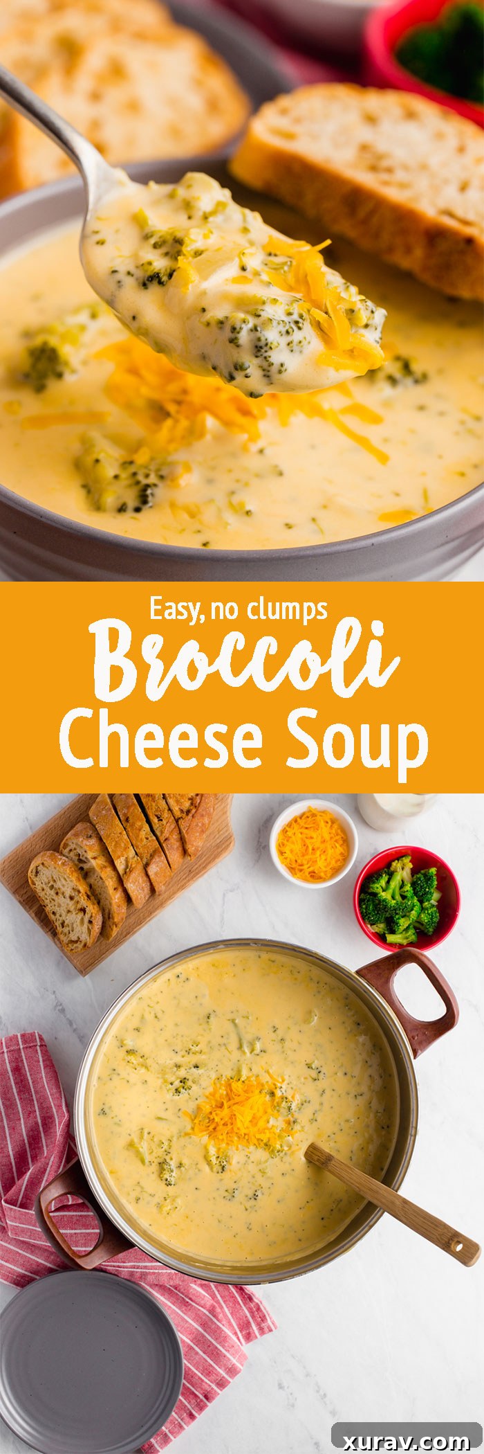 A Pinterest-optimized image for Easy Broccoli Cheese Soup, featuring a bowl of the soup with text overlay for easy sharing.
