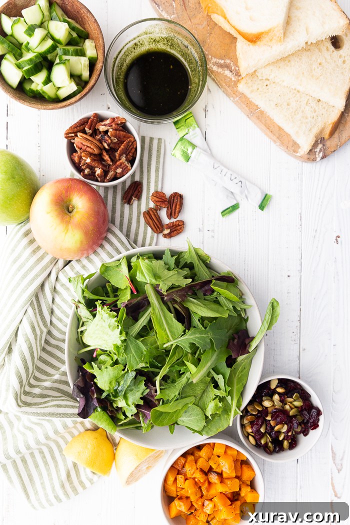 Close-up of the Fall Harvest Salad with a focus on the fresh ingredients and vibrant colors.