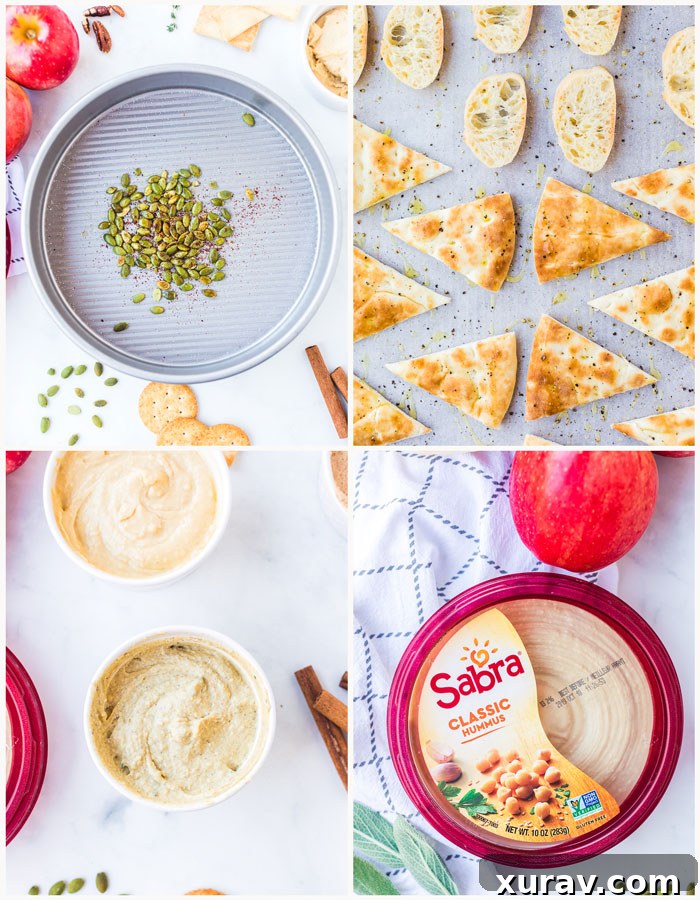 A bowl of sage and thyme infused hummus, garnished with fresh herb sprigs, showcased with savory dippers.