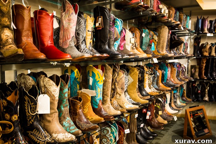 Interior of Lou Taubert Ranch Outfitters with rows of cowboy boots
