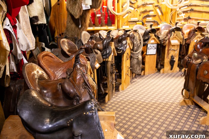 Intricately carved leather saddles at King's Saddlery Museum in Sheridan