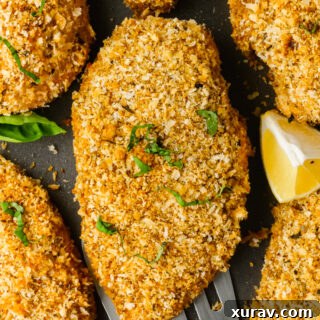 Baked Breaded Chicken on a white plate