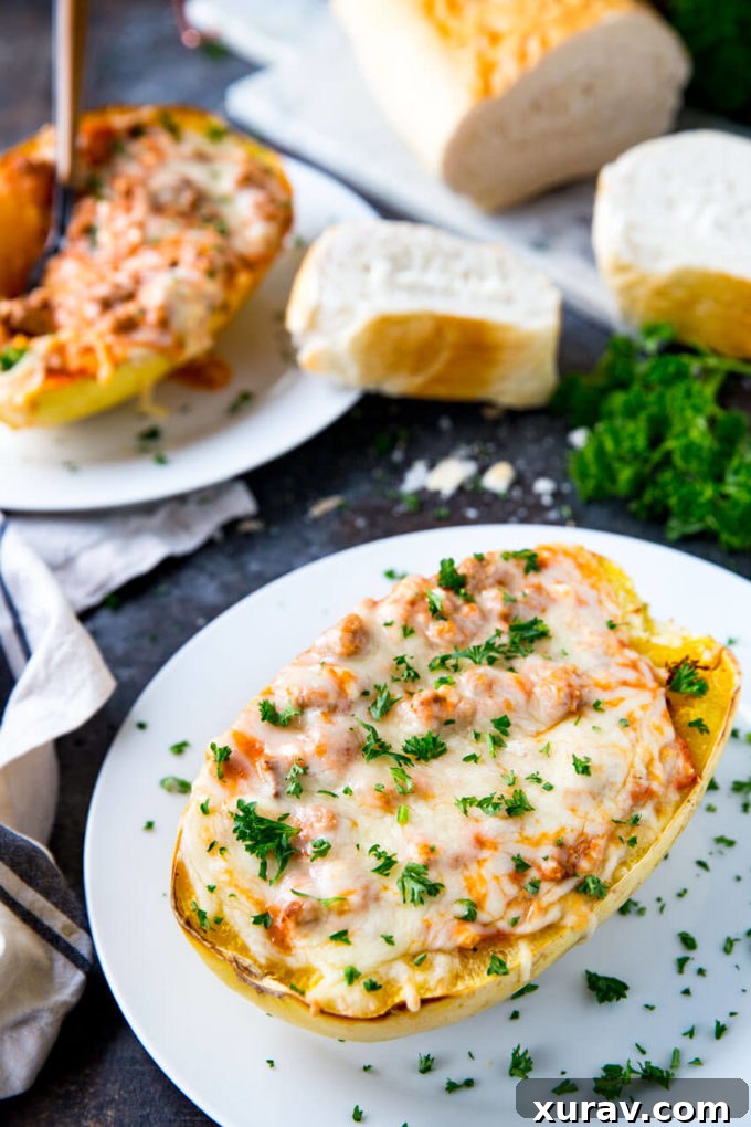 Close-up of a golden-baked spaghetti squash half filled with creamy, meaty lasagna mixture and bubbling Monterey Jack cheese.