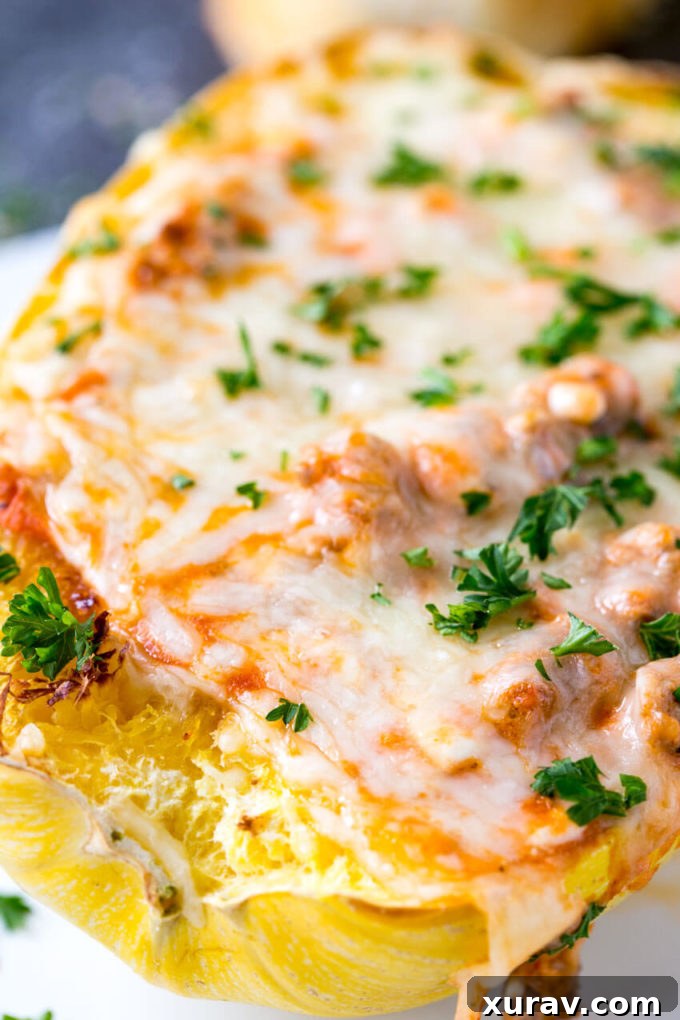 Close-up of a hearty serving of spaghetti squash lasagna, showcasing the cheesy top and rich filling.