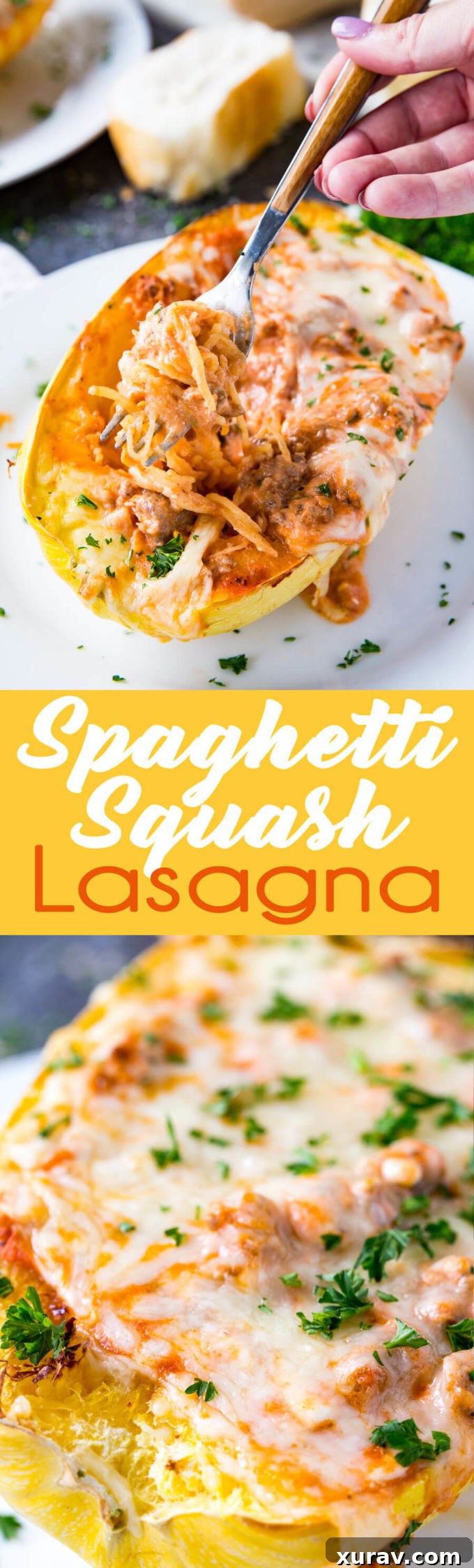 Overhead shot of two stuffed spaghetti squash halves with lasagna filling and melted cheese, ready for dinner.