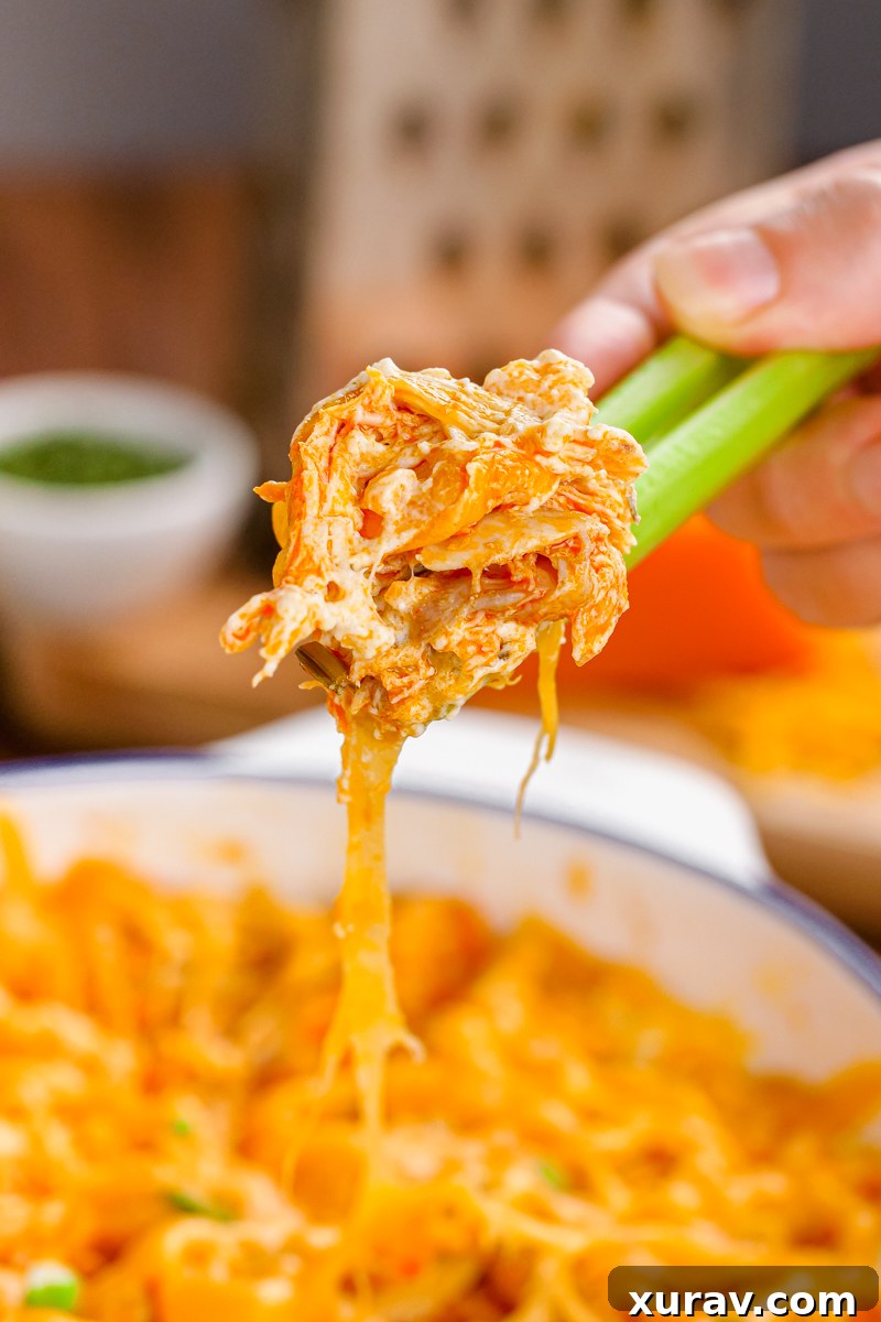 Close-up of baked Buffalo Chicken Dip with melted cheese