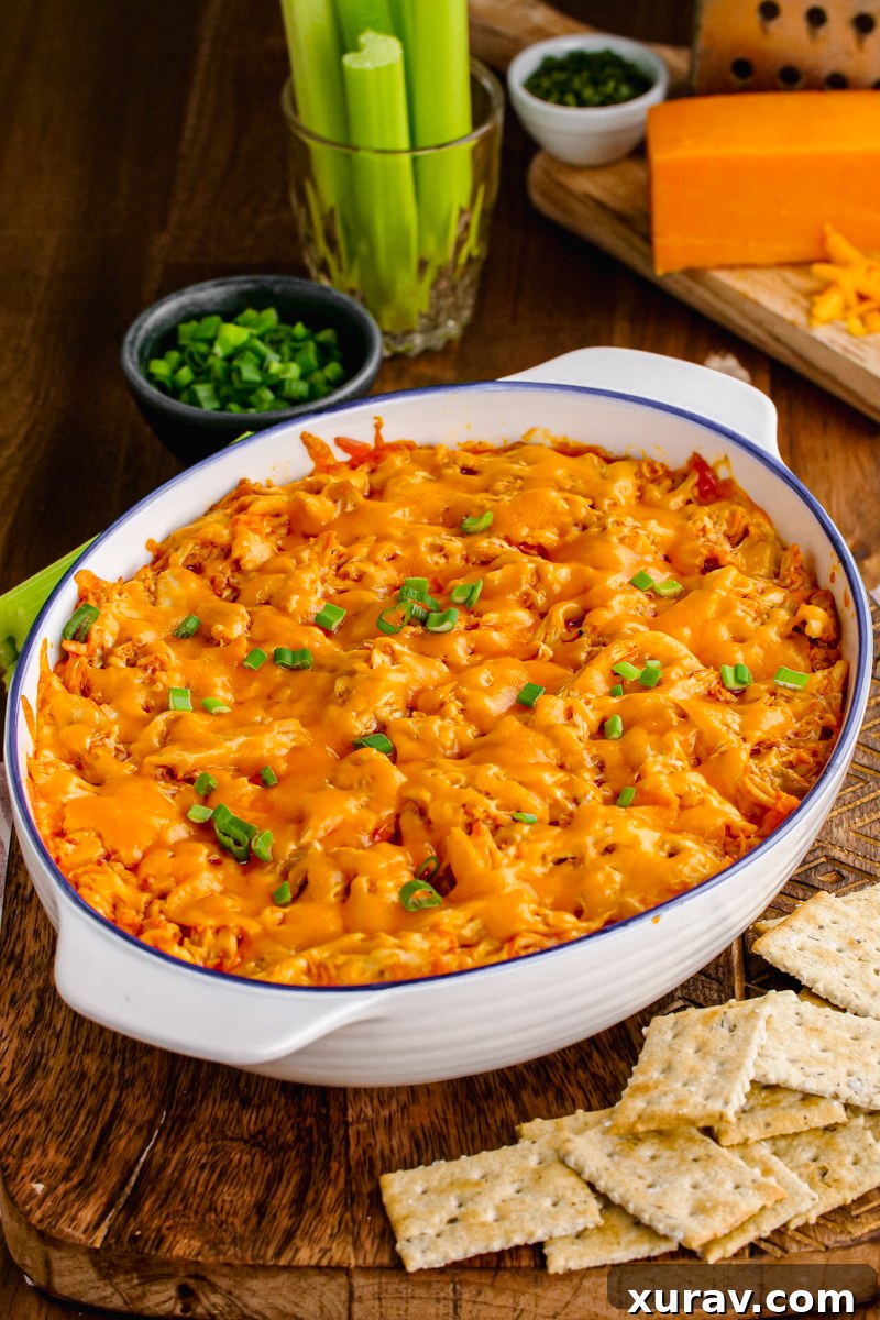 Another angle of Buffalo Chicken Dip, garnished and ready to eat