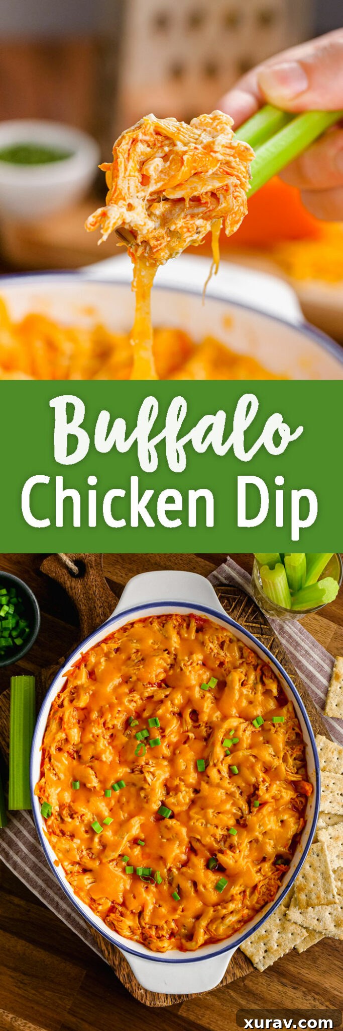 Pinterest pin graphic for Buffalo Chicken Dip recipe