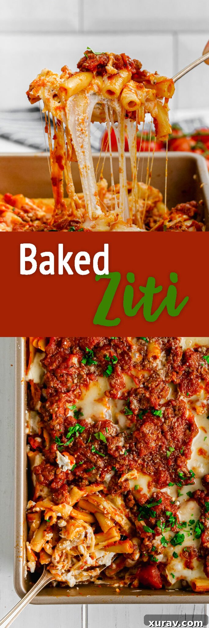 Pinterest pin graphic for Baked Ziti recipe, featuring the final dish with text overlay.