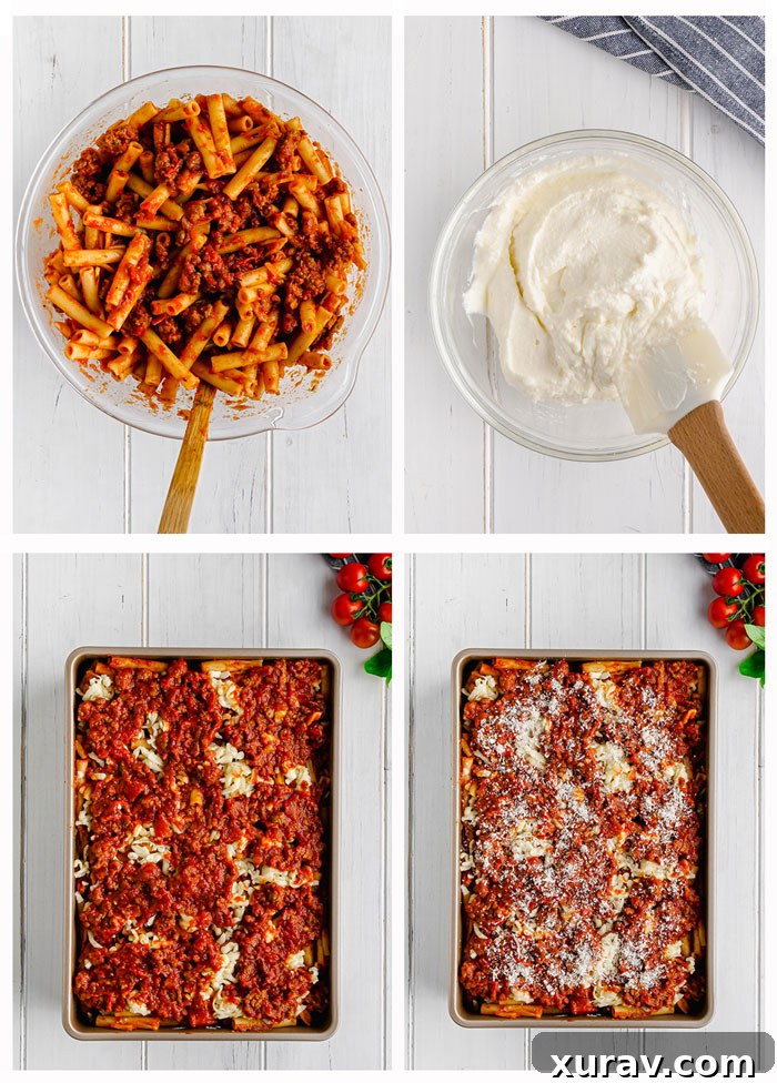 A close-up of a generous serving of Baked Ziti, showcasing the rich sauce, pasta, and layers of melted cheese with herbs.