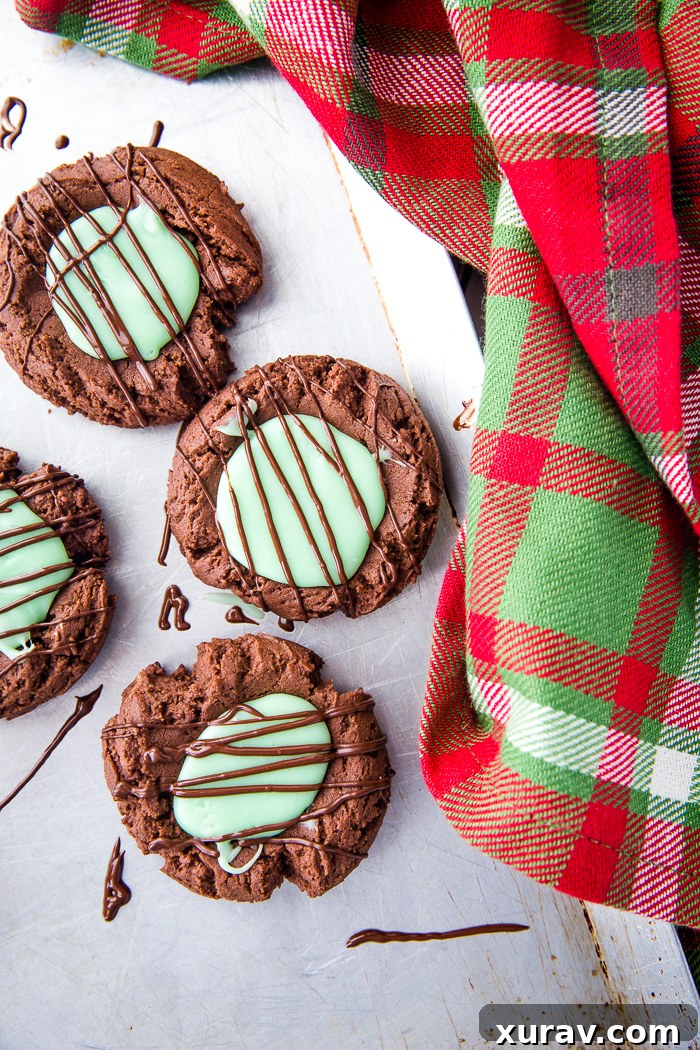 Delicious chocolate mint thumbprint cookies arranged on a platter, ready for holiday serving