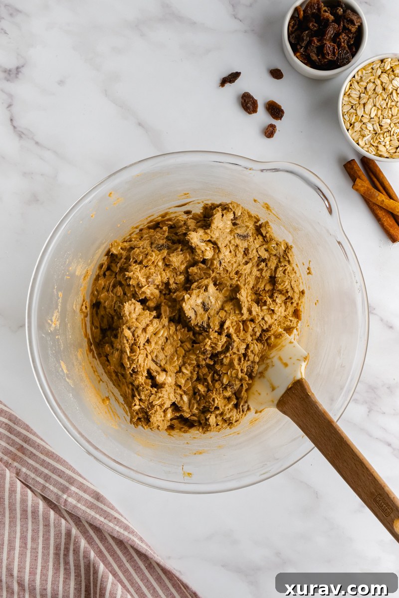 Close-up of baked oatmeal raisin cookies on a baking sheet