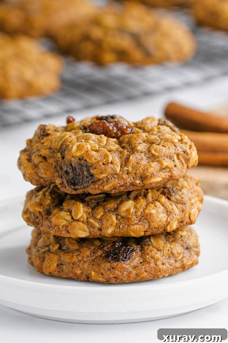 Stack of freshly baked oatmeal raisin cookies