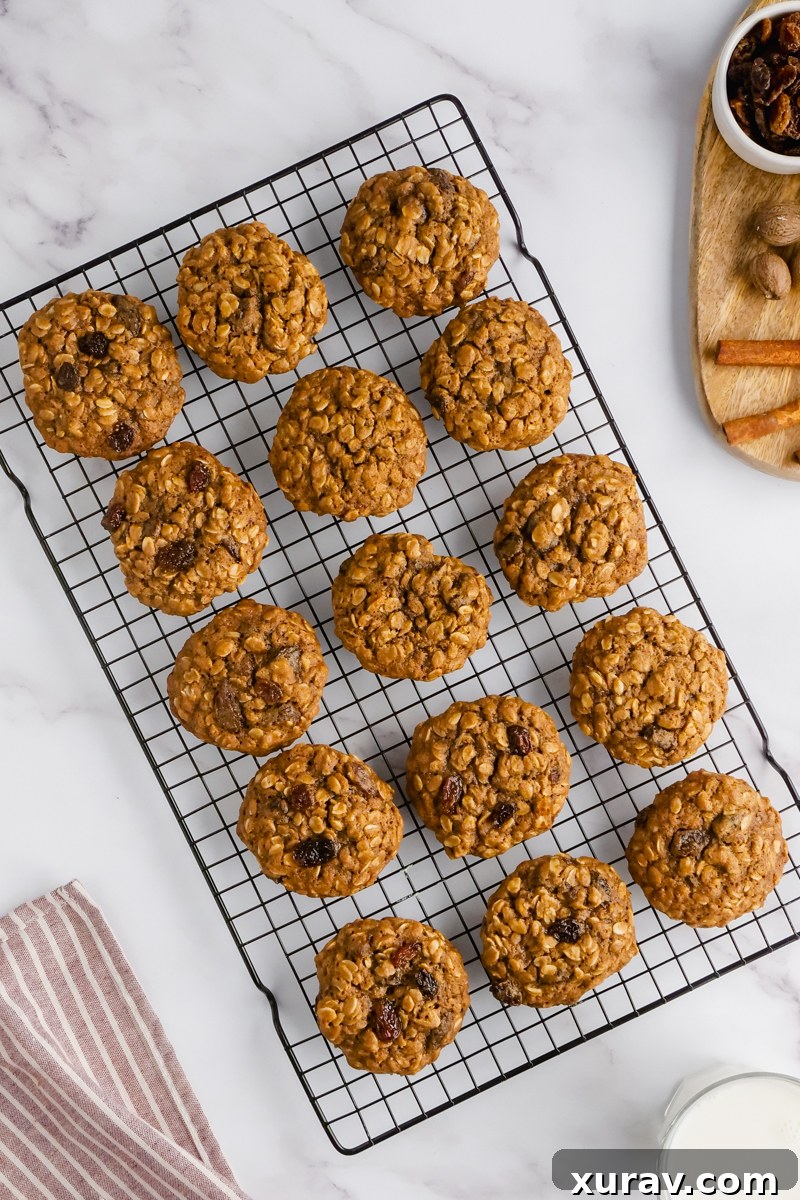 Warm oatmeal raisin cookies with a glass of milk