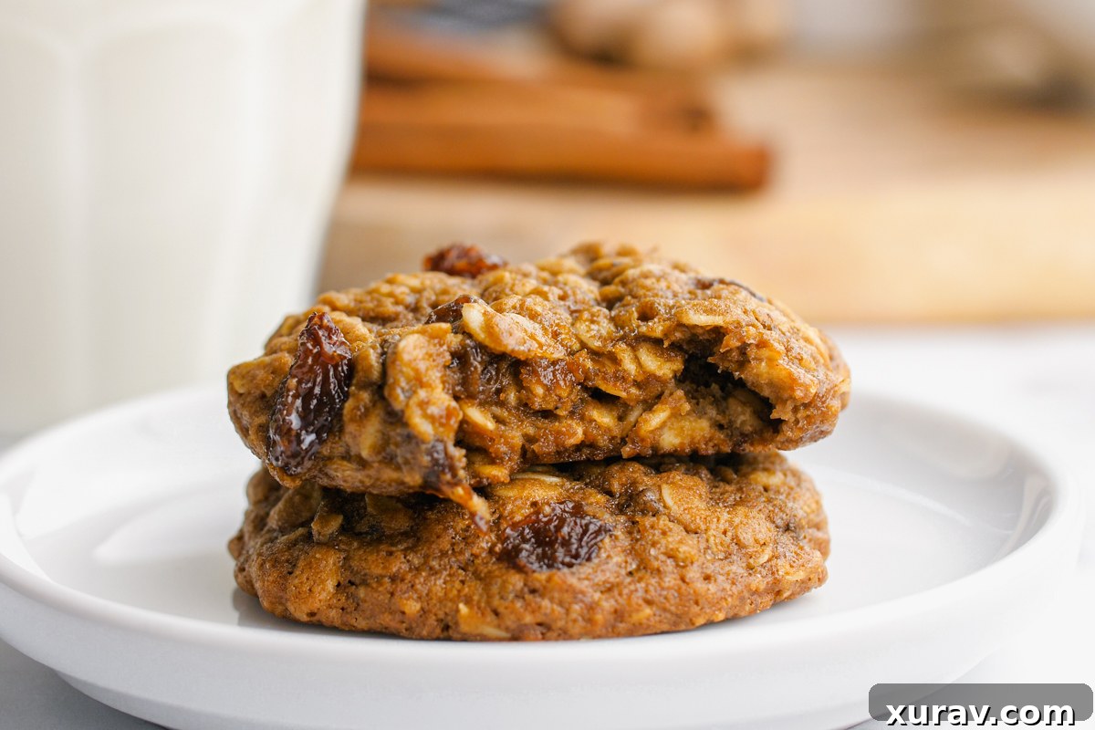 Oatmeal raisin cookie recipe title graphic with stack of cookies