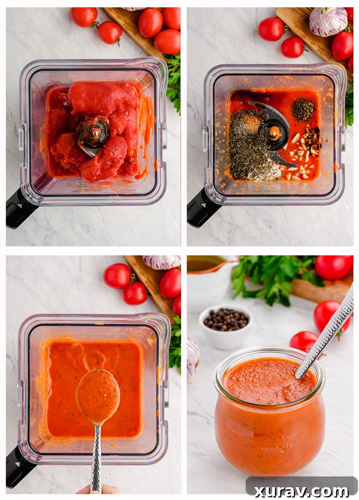 Keto Marinara being blended in a blender, showing the process of making the sauce.