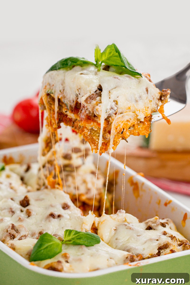 Close-up of baked Keto Lasagna layers