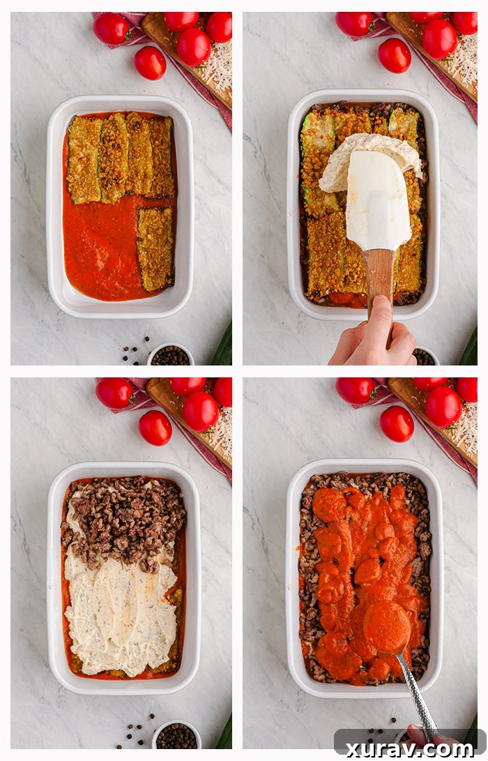 A large baking dish filled with Keto Lasagna ingredients before baking