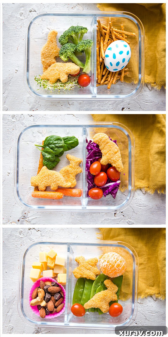 A bento box with Yummy Dino Buddies nuggets, carrots, grapes, and celery.