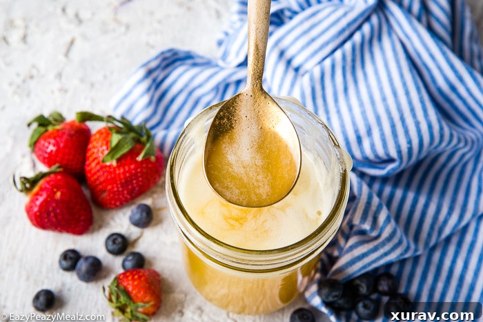 Close-up of buttermilk syrup being poured