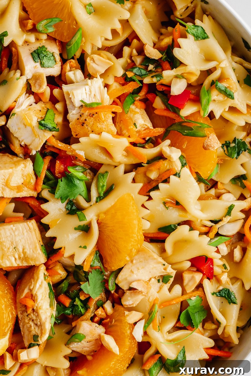 A close up of the pasta, chicken, mandarins, and other ingredients in Asian Pasta Salad