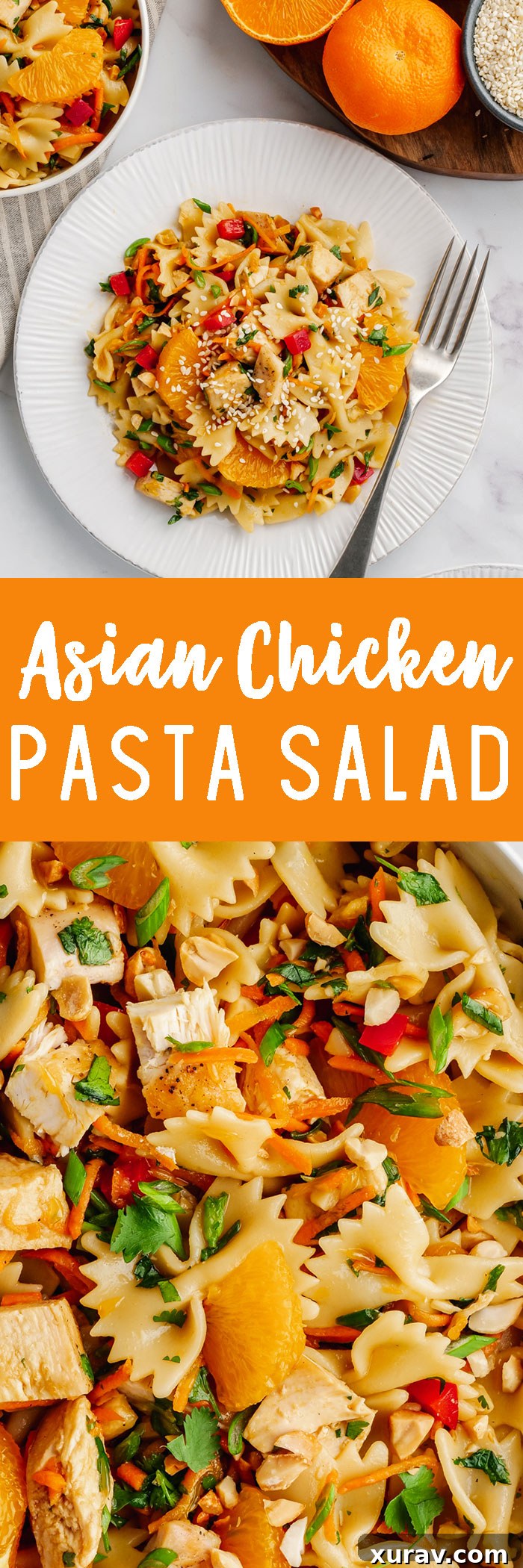 An image that has a white plate with asian pasta salad and a fork on top, writing in the middle with an orange background that says Asian Chicken Pasta Salad, and a close up shot fo the bow tie pasta salad on the bottom.