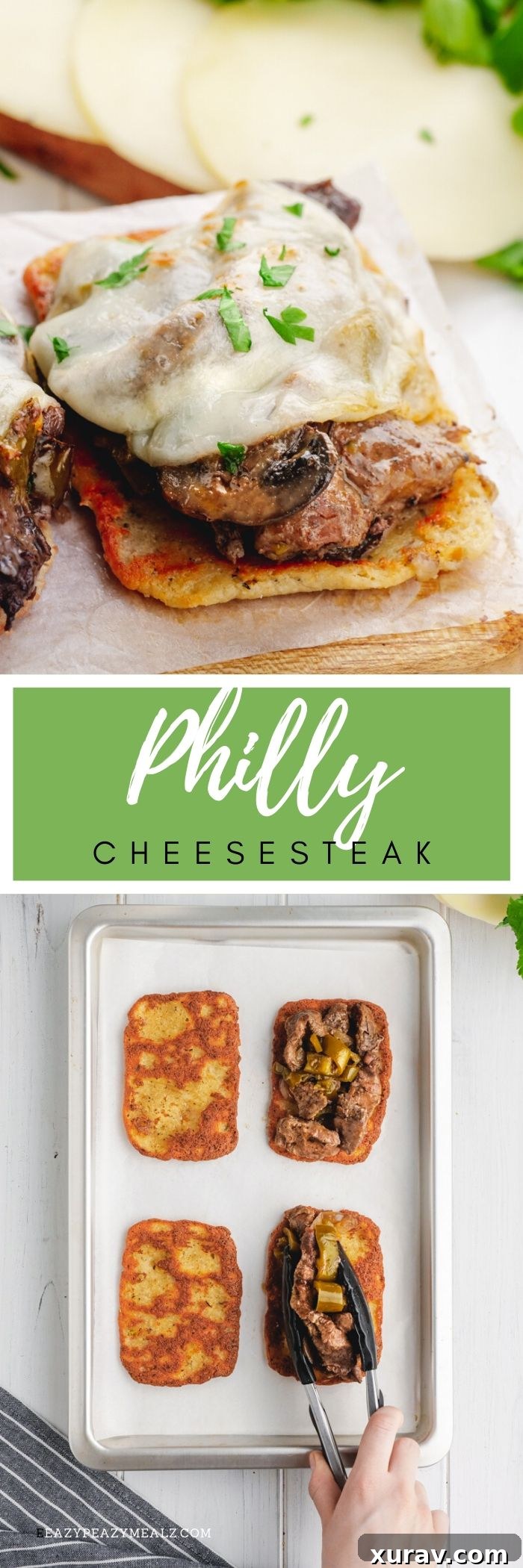 Pinterest pin for Crockpot Philly Cheesesteak (Keto) recipe, showing the finished dish and ingredients.