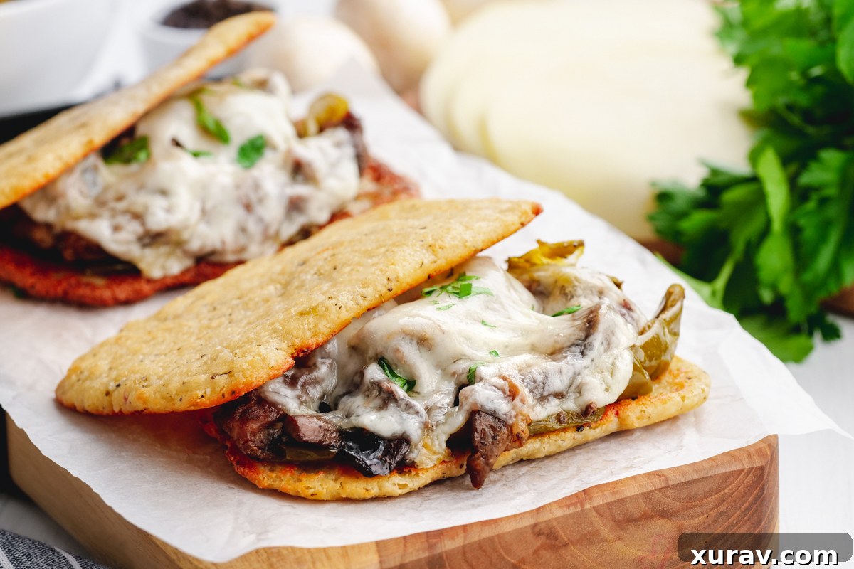A perfectly assembled open-faced Keto Philly Cheesesteak with melted provolone and fresh parsley garnish.