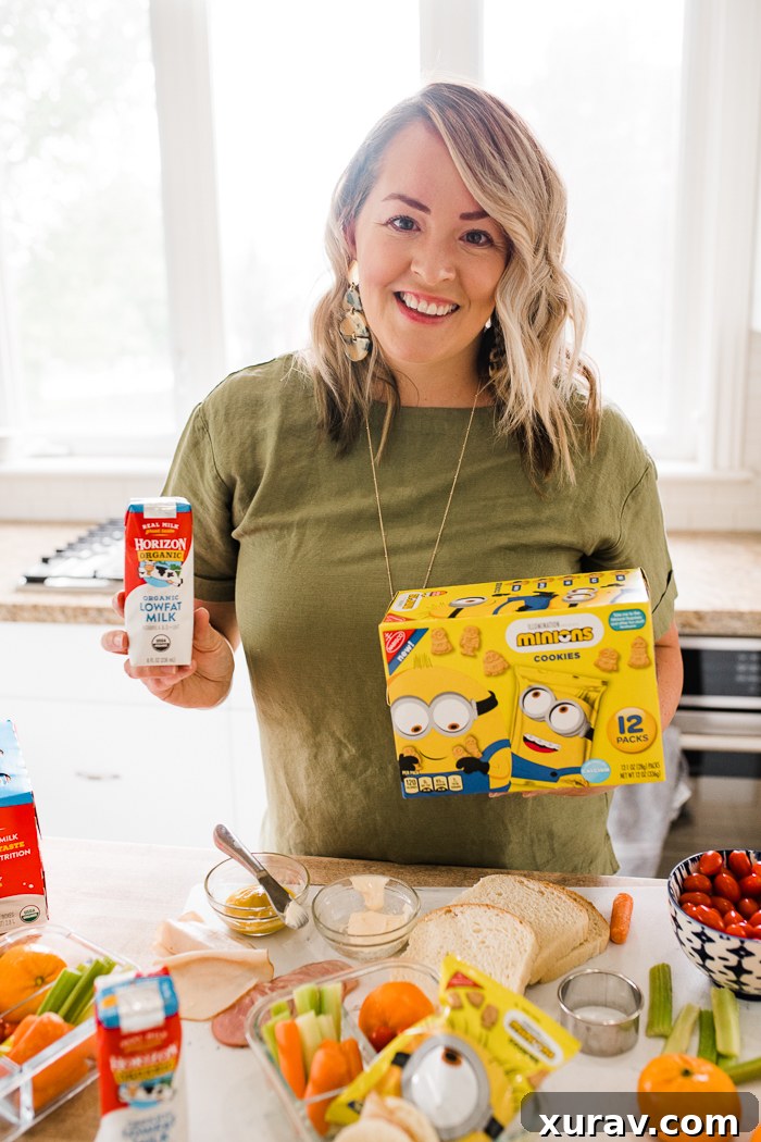 Woman holding horizon milk carton and minion cookies