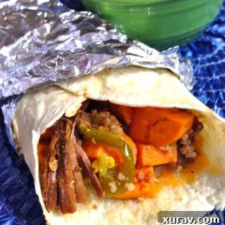 Delicious BBQ Pork, Quinoa, Sweet Potato Burritos