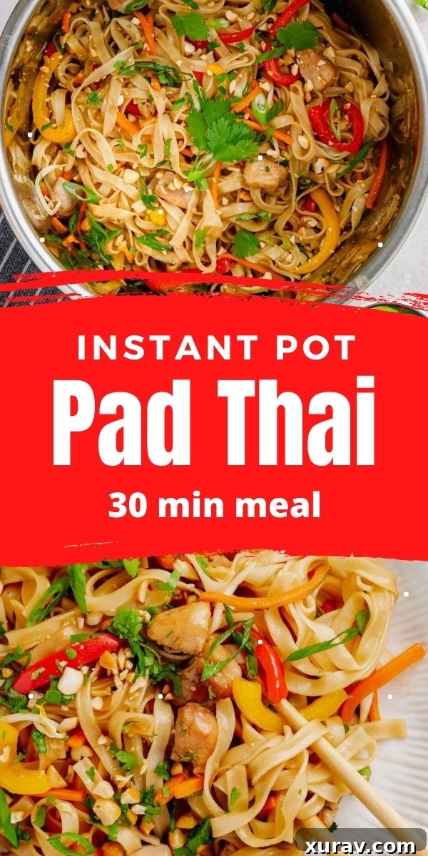A collage pin image for Instant Pot Pad Thai, featuring the dish cooked in an Instant Pot liner, with text overlay for Pinterest