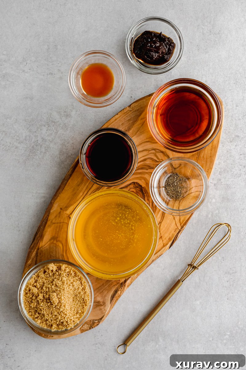 Various ingredients for Pad Thai sauce including tamarind paste, fish sauce, and soy sauce