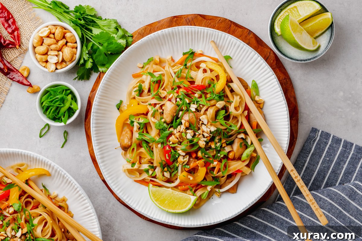 A top-down view of a generously portioned white plate of Pad Thai, complete with chopsticks, lime wedges, and fresh garnishes.