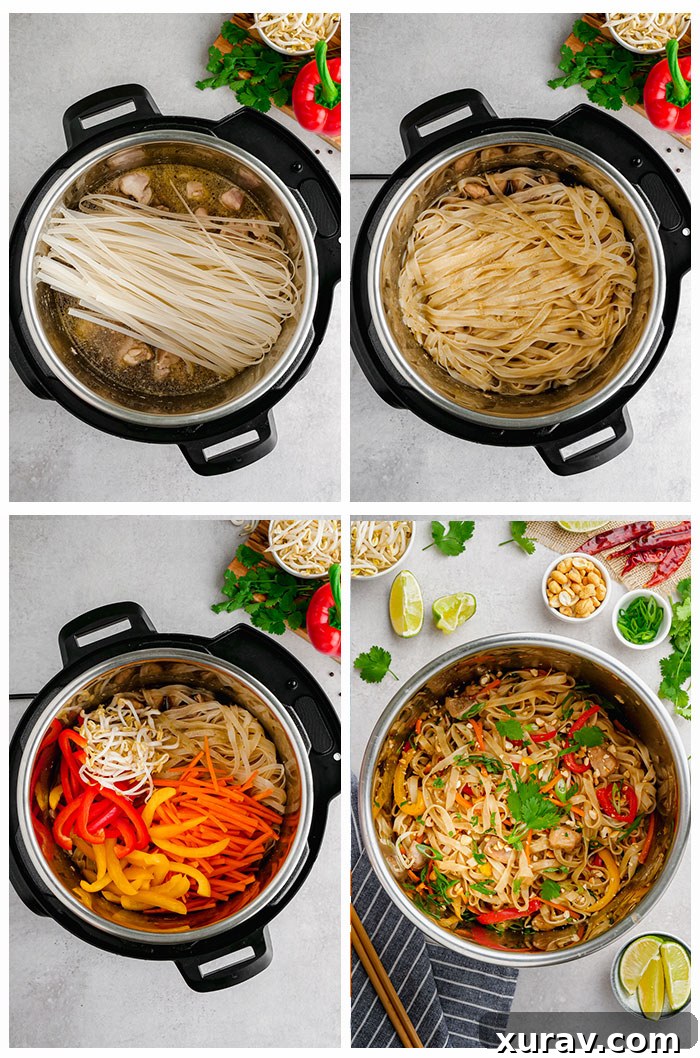 A collage demonstrating the step-by-step process of making Instant Pot Pad Thai