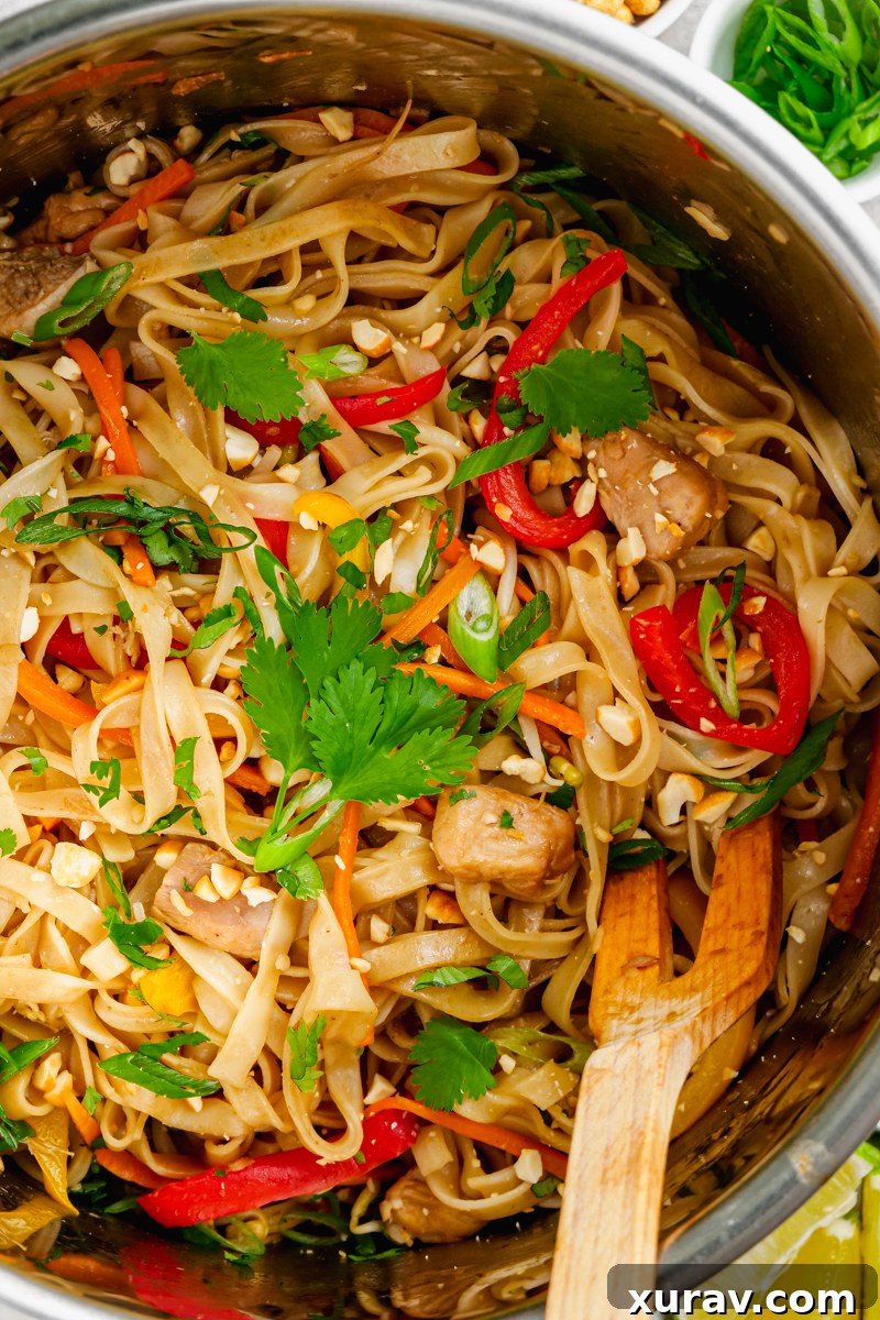 An Instant Pot liner filled with freshly cooked Pad Thai, ready to be served