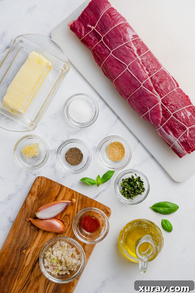 All the fresh ingredients needed to make a delicious roast beef tenderloin with herb butter