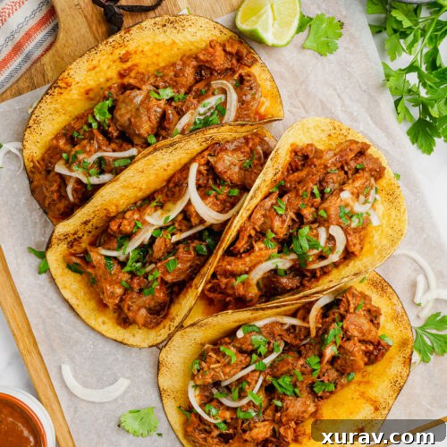 Pork mole tacos on a white plate, showcasing the deliciousness of the dish.