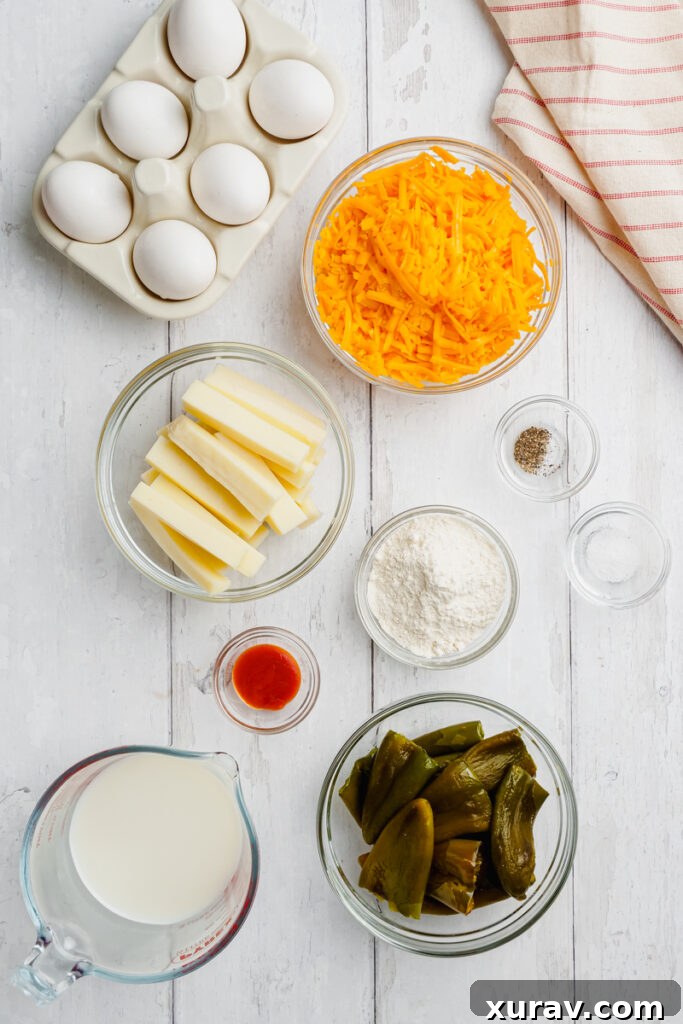 Ingredients laid out for baked chiles rellenos recipe preparation.