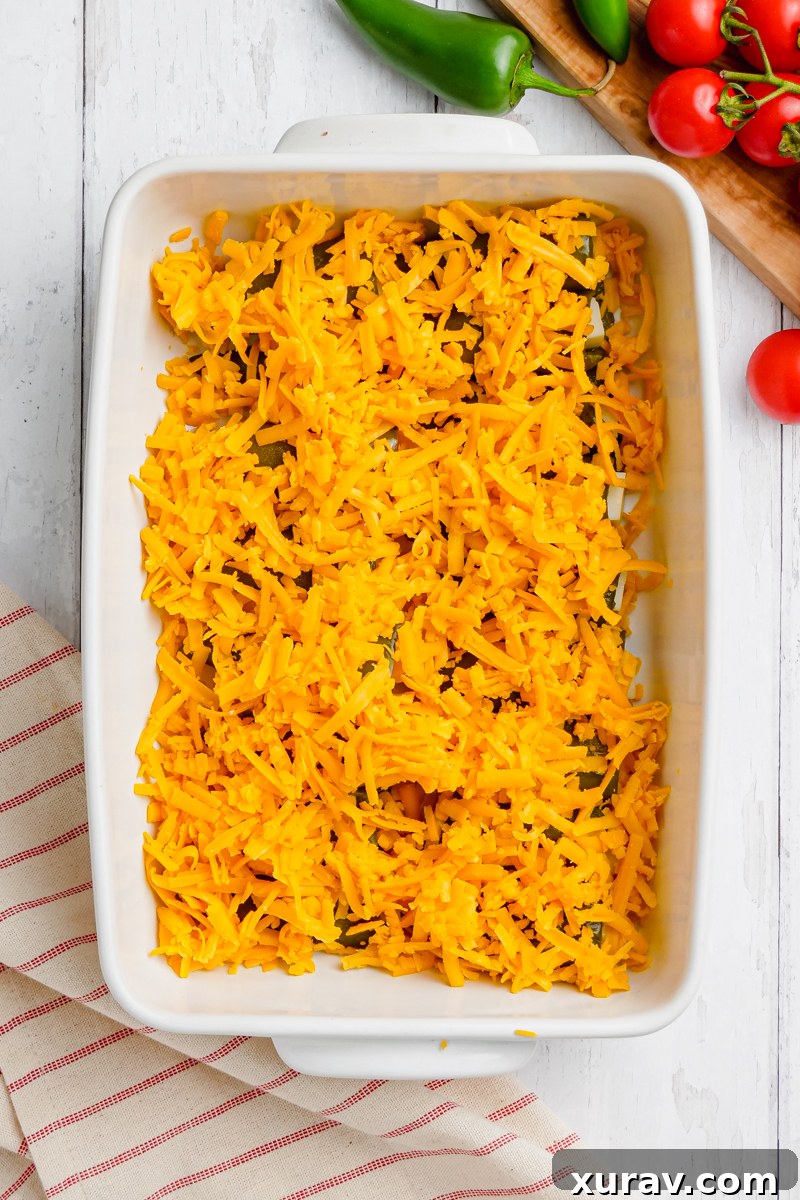 A baked chiles rellenos on a white pan with a striped background, topped with cheese