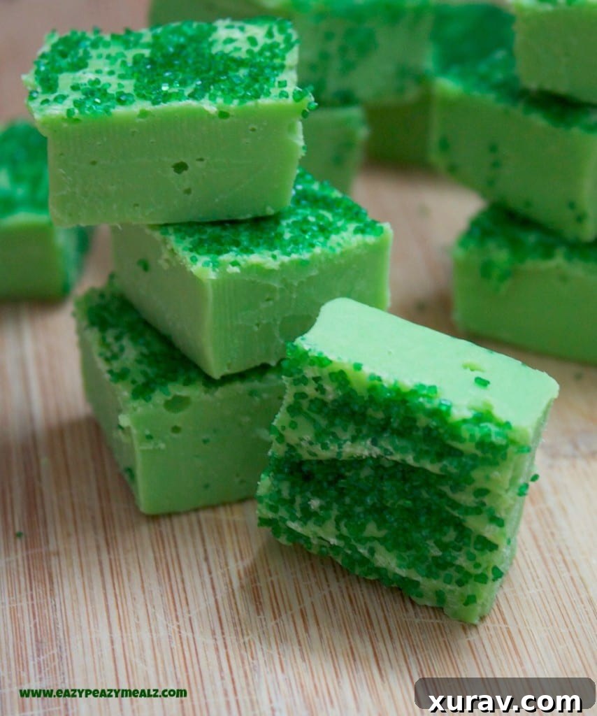 Close-up of freshly cut St. Patrick's Day Fudge squares