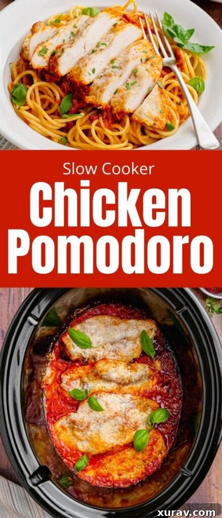 Pinterest pin graphic for Slow Cooker Chicken Pomodoro, featuring a beautifully plated dish with fresh basil.