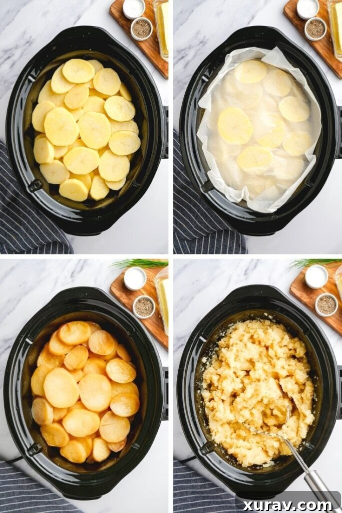 Close-up of fluffy and creamy slow cooker mashed potatoes, garnished with fresh herbs, showcasing their perfect texture.